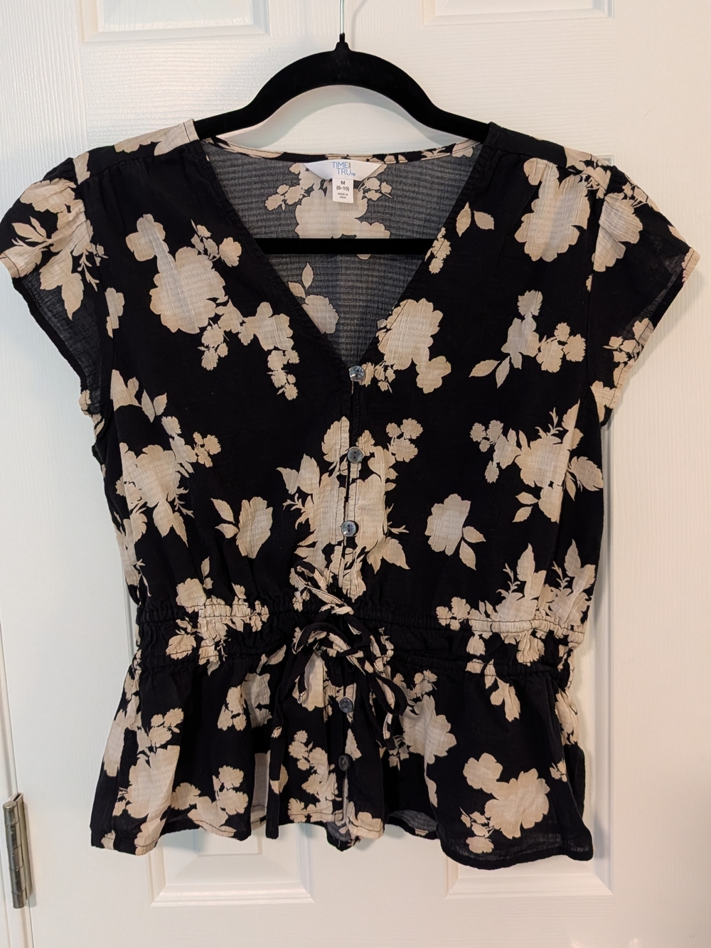 Time and Tru Black Floral Button-Front Peplum Top